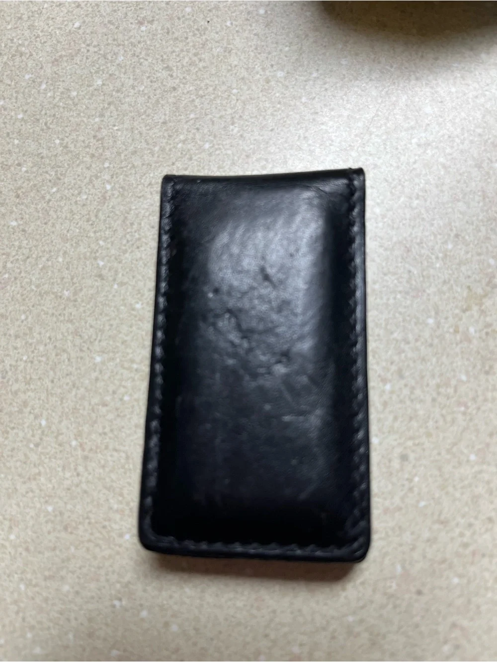 Black Leather Money Clip with Gold Tone Mickey Button
